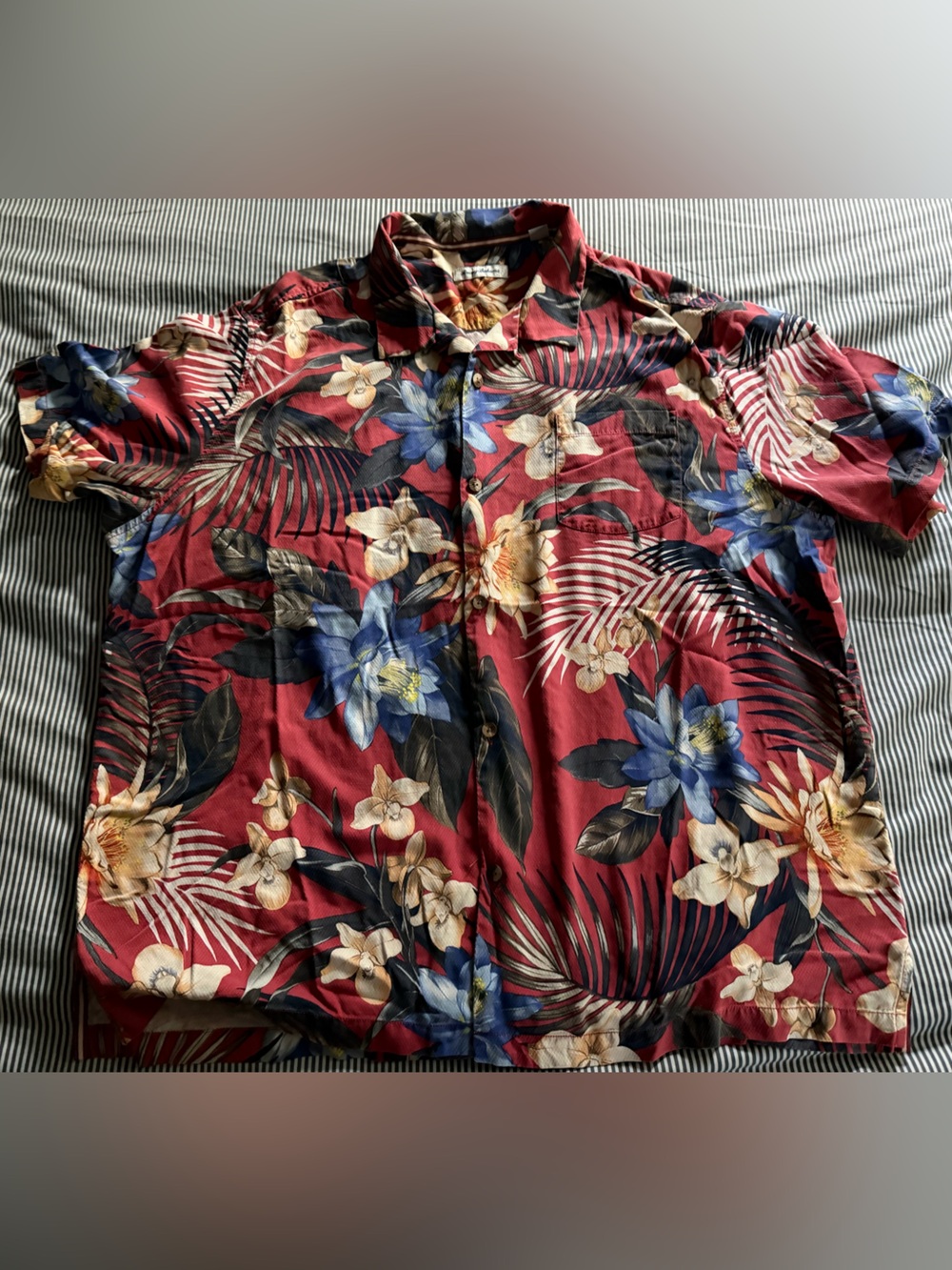 Tommy Bahama Red Floral Button-Down Camp Shirt with Blue & Cream Flowers